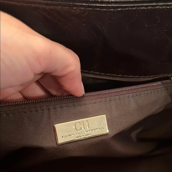 Carolina Herrera chocolate Brown Leather Bag monogram purse tote - Picture 4 of 10